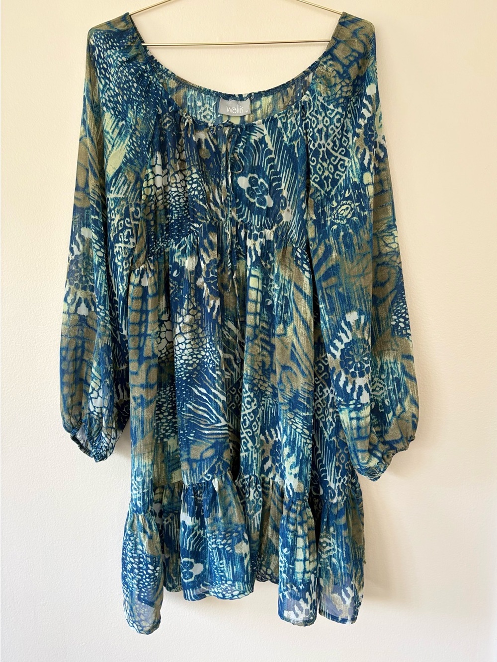 Wallis Blue Sheer Boho Peasant Dress Tunic Printed Long Sleeve